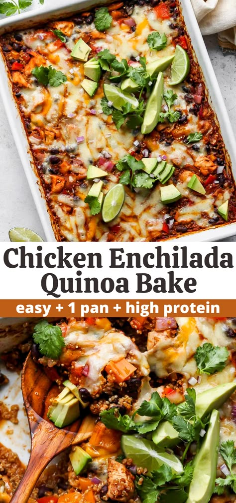 High Protein Enchilada Casserole, High Protein Gluten Free Dinner, High Protein Mexican Recipes, Chicken Enchilada Quinoa, Chicken Quinoa Recipes, Enchiladas Easy, Healthy Chicken Enchiladas, Dinner Gluten Free, Quinoa Bake