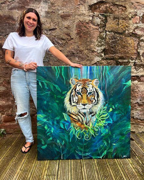 Blue and green leafy painting with a bright tiger in the center Tiger Painting Acrylic Canvases, Tiger Painting Acrylic, Tiger Acrylic Painting, Large Acrylic Painting, Artsy Aesthetic, Tiger Painting, Pictures To Paint, Castor Oil, Acrylic Painting Canvas