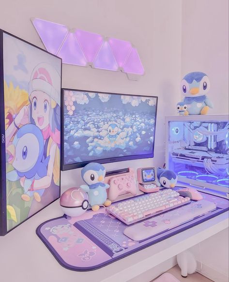 #gaming #gaminglife #gamingcommunity #gamingsetups #gamergirlsetup #pink #pinkaesthetictheme #pinkcore #pinkpinkpink #nintendo #nintendoswitch #pcgaming #pcgamer #pcsetup #pcgamingsetup #pcsetupidea #pokemon Nintendo Desk Setup, Blue And Pink Gaming Setup, Pokemon Pc Setup, Pink And Blue Setup, Pokemon Gaming Room, Pastel Office Aesthetic, Pokemon Gaming Setup, Pastel Gaming Room, Pokemon Setup