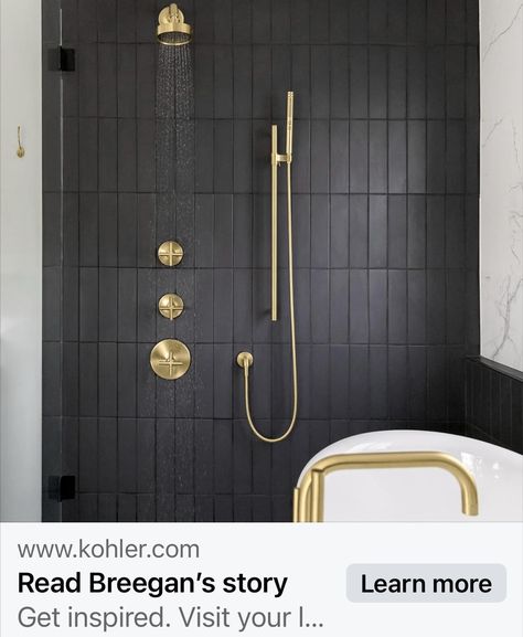 Black Subway Tiles, Claw Foot Bath, Dark Tile, Subway Tiles Bathroom, Boy Bath, Luxurious Showers, Basement Bathroom, Upstairs Bathrooms, Black Bathroom