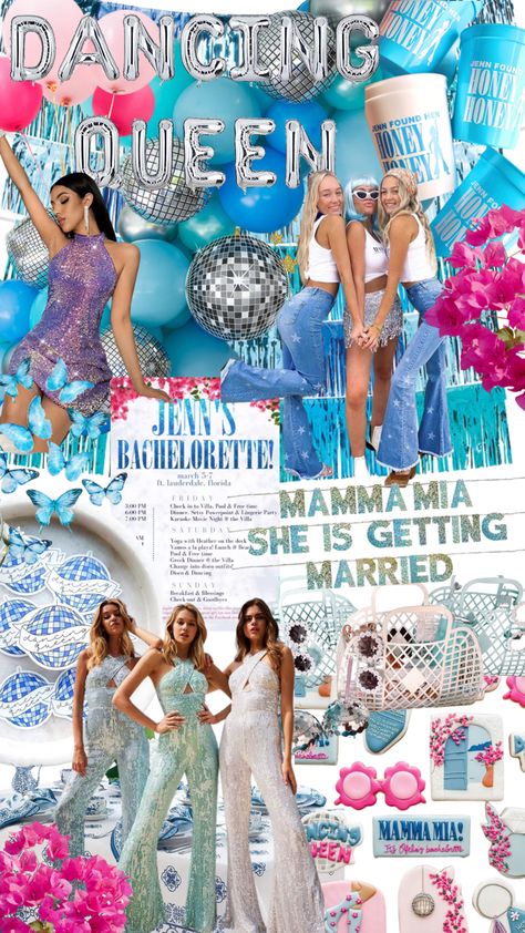 Dancing Queen Bachelorette Theme, Mamma Mia Themed Bachelorette Party Outfits, Bachelorette Party Themes Mamma Mia, Mamma Mia Bridal Shower Outfit, Bachelorette Party Themes Decorations, Abba Theme Hen Party, Bachelorette Party Ideas Mama Mia, Dancing Queen Outfits Party, Bachelorette Party Themes Mama Mia