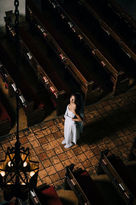 Woman in Wedding Dress Standing in Church · Free Stock Photo Cathedral Photoshoot Ideas, Church Senior Pictures, Cathedral Photoshoot, Christian Photoshoot, Woman In Wedding Dress, Church Photoshoot, Church Photo Ideas, Gothic Photoshoot, Church Wedding Photos