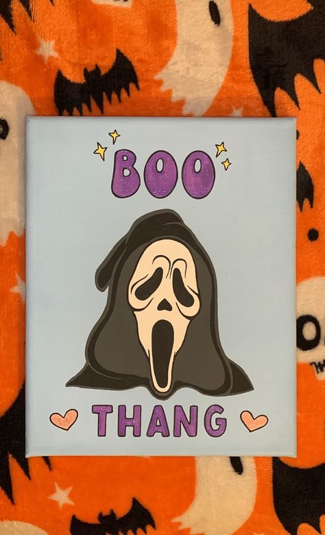 Hand Painted Customizable Ghostface "Boo Thang" Canvas Really Simple Painting Ideas, Canvas Paint Night Ideas, Canvas Painting Inspo Easy Aesthetic, Aesthetic Glass Painting Ideas, Cute Canvas Painting Ideas For Couples, Small Halloween Painting Ideas, Cartoon Network Paintings Canvas, Halloween Couple Paintings, Painting With A Twist At Home