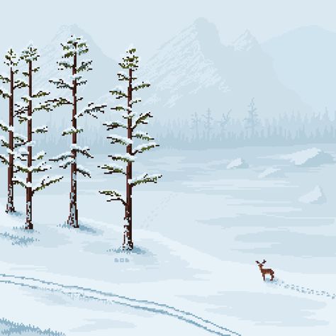 Winter Pixel Art Gif, Snowy Pixel Art, Pixel Forest Background, Pixel Art Fantasy Landscape, Snowy Forest Concept Art, Pixel Art Landscape, Building Images, Winter Cottage, Retro Artwork