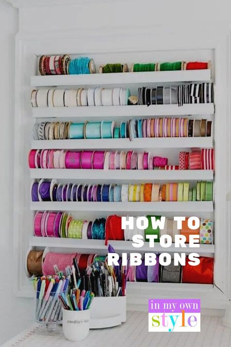 These DIY ribbon holder ideas for your ribbon collection can be made very inexpensively to hang on a wall in a craft or sewing room or in a closet or cabinet as well as a few variations so you can customize each to fit your needs. Visit the blog to learn more Ribbon Wall Storage, Diy Ribbon Organizer, Ribbon Shelves, Ribbon Holder Diy, Diy Ribbon Holder, Organizing Ribbon, Ribbon Storage Ideas, Craft Ribbon Storage, Diy Christmas Ribbon