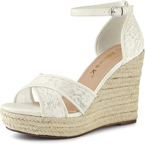 Lace Espadrilles, White Wedge Sandals, Womens Espadrilles Wedges, Lace Wedges, White Sandals Heels, White Wedges, Women's Espadrilles, Ankle Strap Wedges, Sandals White