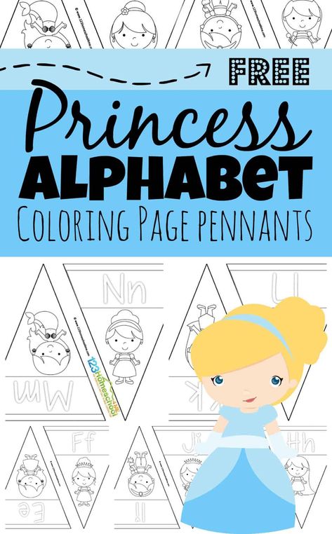 Girls are going to love coloring these super cute and simple disney princess alphabet coloring pages. These free printable, princess themed, alphabet pennants are a great way for toddler, preschool, pre k, kindergarten, and first grade students to learn their ABCs! Simply decorate these pennants and hang them on your wall to reference how to make upper and lowercase letters from A to Z. Disney Alphabet Coloring Pages, Disney Princess Letter, Princess Alphabet, Alphabet Wall Cards, Printable Princess, Princess Crafts, Alphabet Activity, Disney Alphabet, Princess Printables