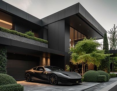 Black Modern Mansion Black Modern Mansion, Black Modern House, Minimal Houses, Mini Mansion, House Outer Design, Futuristic Home, Modern Bungalow House, Architectural Design House Plans, House Arch Design