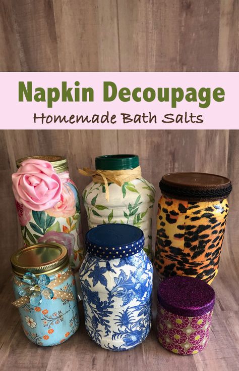 Homemade Bath Salts and Napkin Decoupage Gift Containers - Handmade Happy Hour Decoupage Plastic Containers, Rose Petal Bath Salts, Homemade Lollipops, Rose Petal Bath, Decoupage Gifts, Decoupage Jars, Gift Containers, Napkin Decoupage, Plastic Jars