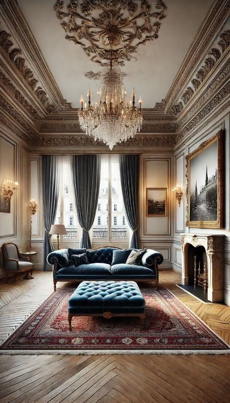 Royal Blue Velvet Sofa, Royal Blue Living Room, Parisian Living Room, Living Room With High Ceilings, Room With High Ceilings, Brass Wall Sconces, Cream Curtains, Blue Velvet Sofa, Living Room Luxury