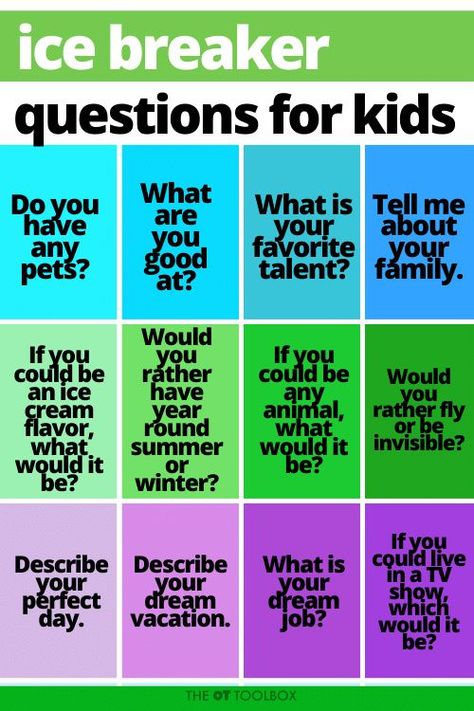 Icebreaker questions for kids for the first day of school or therapy. Reading Icebreakers, English Class Icebreakers, First Day Questions, Icebreaker Activities For Kids, Ice Breaker Questions For Kids, Ice Breakers For Kids, First Day Of School Questions, Question Of The Day Ideas, Activities For Employees