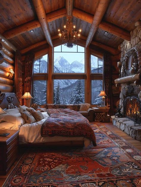 Luxury Lodge Exterior, Cabin Master Bedrooms Cozy, Mountain Lodge Bedroom, Log Cabin Bedroom Ideas, Cozy Cabin Bedrooms, Cabin Bedroom Ideas, Log Cabin Bedroom, Log Cabin Interior Design, Lodge Aesthetic