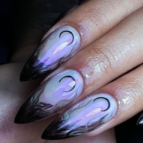 Witchy Goth Nails, Nails Acrylic Witchy, Dark Jewel Tone Nails, Witchy Nails Almond Short, Witches Nails Designs, Dark Glam Nails, Witchy Nail Art Designs, Pastel Witch Nails, Purple Mushroom Nails