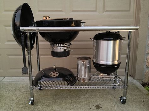 $115 Weber kettle cart - Page 2 - The BBQ BRETHREN FORUMS. Webber Grill Table, Weber Grill Cart, Weber Grill Table Diy, Webber Grill, Weber Grill Table, Bbq Cart, Kettle Bbq, Weber Kettle, Grill Stand