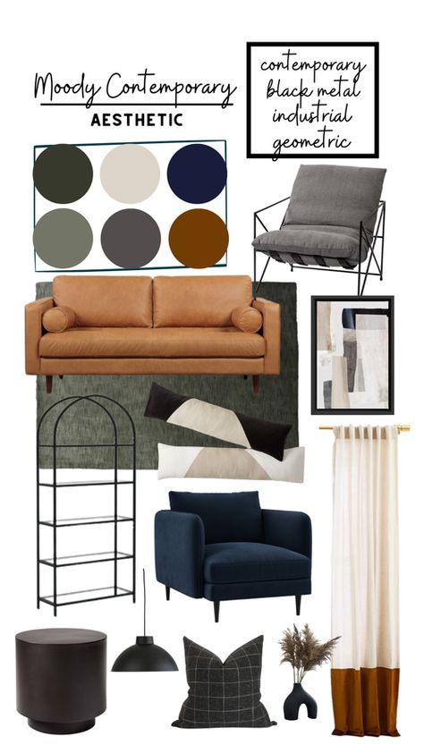 Moody Luxe Living Room, Moody Sophisticated Interior, Dark Moody Small Apartment, Hunter Green And Gray Living Room, Midcentury Blue Living Room, Black Grey Brown Blue Living Room, Color Palette Living Room Grey, Masculine Boho Decor, Moody Scandinavian Living Room