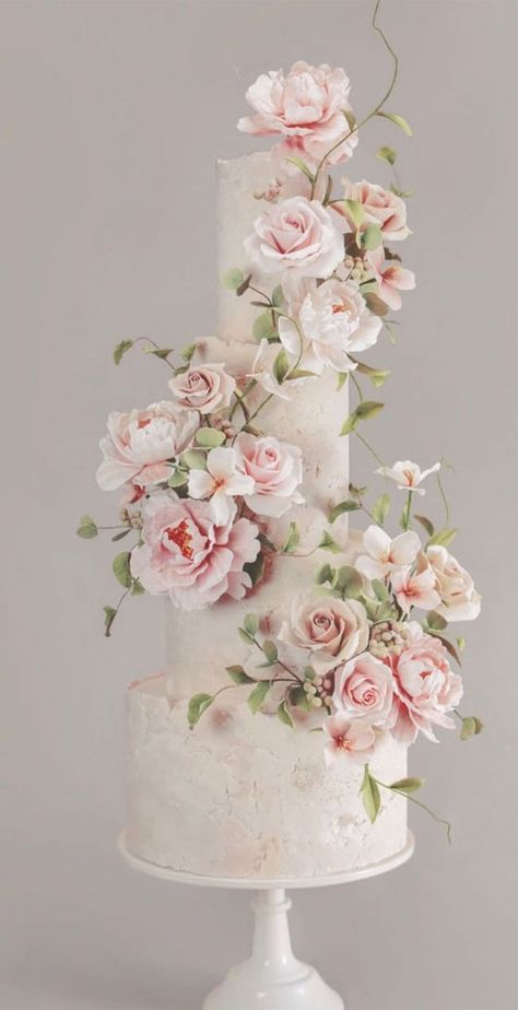 Elegant Wedding Cakes 2022, Cascading Flower Wedding Cake, Romantic Wedding Cakes, Gumpaste Flowers Wedding Cake, Wedding Cake With 3d Flowers, Wedding Cake Pink Flowers, Wedding Cake With Light Pink Flowers, Whimsical Wedding Cakes, Floral Wedding Cake