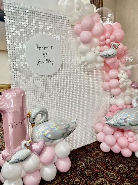 White Swan Birthday Theme, White Shimmer Wall, Swan First Birthday, White Bounce House, Sequin Wall, Shimmer Wall, Childrens Table, Baby Birthday Cakes, Sequin Decor