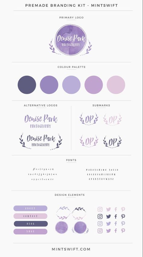 Lilac Branding Color Palette, Purple Branding Board, Purple Branding, Purple Logo Design, Brand Design Ideas, Photography Fonts, Brand Kits, Logo Purple, Visuell Identitet