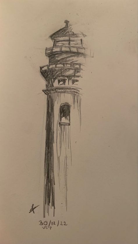 Lighthouse Pen Drawing, Easy Pen Sketches Aesthetic, Lighthouse Drawing Sketch, Simple Pen Drawings, Easy Pen Drawings, Easy Pen Drawing, Lighthouse Sketch, فنسنت فان جوخ, Lighthouse Drawing