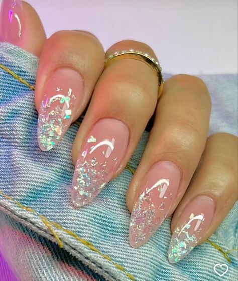 Glitter Ombré Almond Nails, Clear Foil Nails, Clear Opal Nails, Sparkle Flake Nails, Iridescent Flakes Nails, Glass Glitter Nails, Clear Holographic Nails, Glitter Flakes Nails, Aurora Flakes Nails