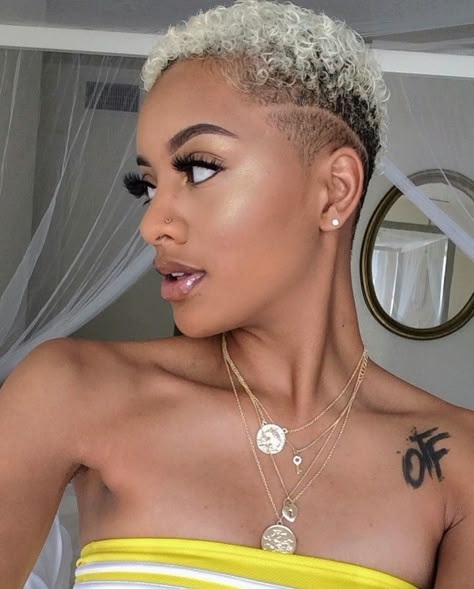 Black Ladies Haircut Styles With Dye, Short Blonde Haircuts Black Women, Short Blonde Natural Hair Black Women, Short Hair Dye Colors For Black Women, Female Low Cut Hairstyles, Low Haircut For Black Women, Brush Cut For Black Women, Low Cut Hair Black Women, Fade Haircut Women