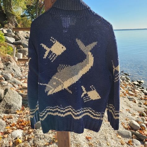 Vintage Fish Sweater Crochet Fish Sweater, Grandpa Fits, Fish Clothes, Fish Sweater, Crochet Fish, Handmade Sweater, 2024 Style, Grandpa Sweater, Fishing Theme