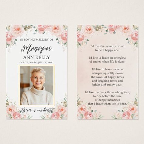 Blush Floral Photo Funeral Memorial Bookmark - Sympathy Tokens gifts Memorial Bookmarks, Memorial Cards, How To Make Bookmarks, Floral Photo, Memorial Service, A Prayer, A Poem, Happy Memories, Happy Cat