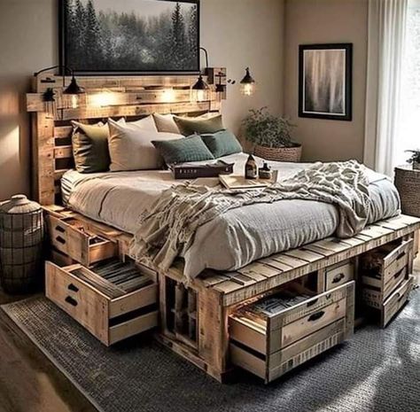 Bedset Ideas Aesthetic, Pallet Bed With Drawers, Western Themed Bed, Bed Made Of Pallets, Room Ideas Aesthetic Rustic, Diy Rustic Bed Frame, Western Bed Frames, Country Rustic Bedroom Ideas, Home Made Furniture