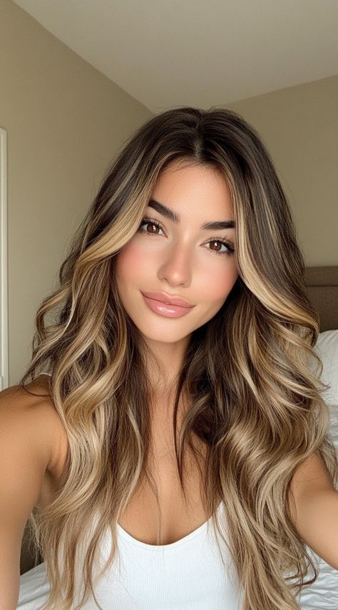 Curtain Bangs And Blonde Highlights, Caramel Hair With Dark Roots, Long Hair With Highlights Brunettes, Blonde Highlights On Dark Brown Hair Curtain Bangs, Hairstyles With No Heat, Highlights With Root Melt, Winter Hair Balayage, Golden Blonde Balayage On Dark Hair, Brown Balayage Straight Hair