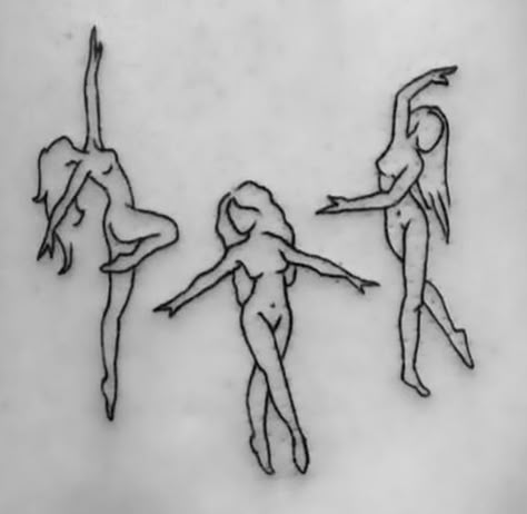 Feminist Tatoos Ideas, Dancing Goddess Tattoo, Witch Dance Tattoo, Dance Silhouette Tattoo, 3 Women Dancing Tattoo, Happy Angel Tattoo, 3 Dancing Ladies Tattoo, Dancing Women Drawing, Feminine Silhouette Tattoo