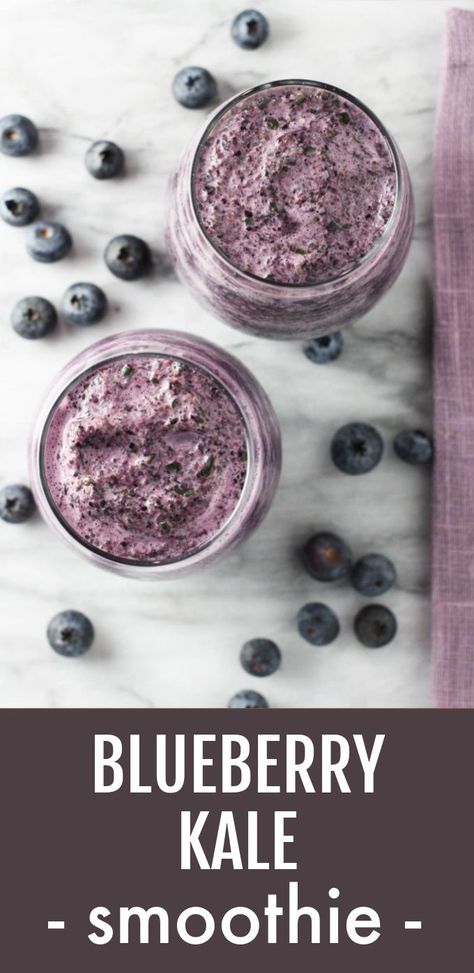 Overhead shot of two glasses with the blueberry kale smoothie. Fresh blueberries are scattered around the glasses. Below the image, there is a text overlay saying: Blueberry Kale Smoothie. Nutritional Smoothie Recipes, Blueberry Kale Smoothie, Frozen Berry Smoothie, Banana Kale Smoothie, Kale Smoothie Recipes, Blueberry Smoothie Recipe, Blueberry Banana Smoothie, Kale Smoothie, Dessert Smoothie