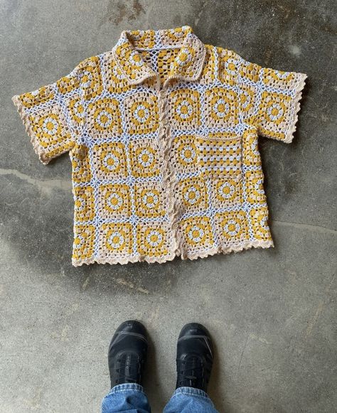 Crochet Granny Square Button Up Shirt, Crochet Granny Square Mens Shirt, Granny Square Button Up, Granny Square Mens Shirt, Granny Square Button Up Shirt, Crochet Shirt Granny Square, Granny Square Shirt Pattern, Crochet Granny Square Clothes, Granny Square Clothes