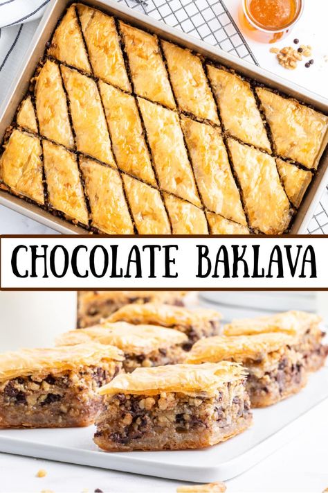 Chocolate Baklava Recipe, Greek Desert, Baklava Recipes, Greek Pastry, Baklava Recipe Easy, Chocolate Baklava, Filo Dough, Afghan Food Recipes, Greek Pastries