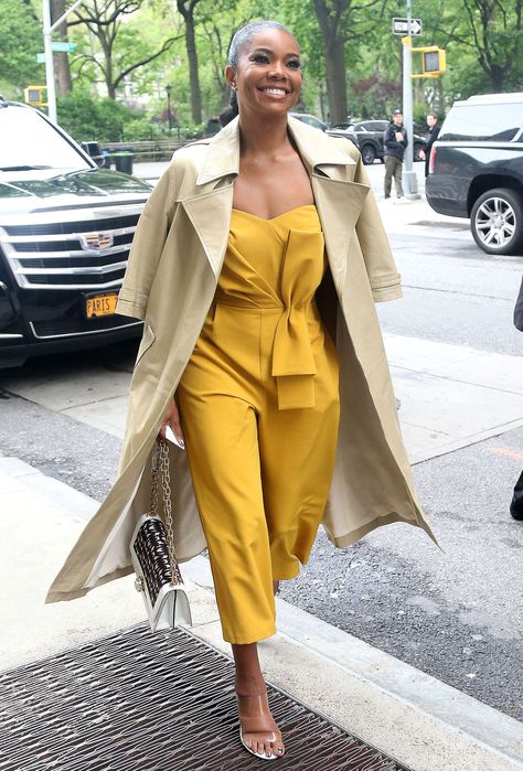 Yellow Jumpsuit Outfit Casual, Yellow Jumpsuit Outfit, Yellow And Black Outfit, Gabrielle Union Style, Casual Jumpsuits For Women, Women's Jumpsuit, Clear Sandals, Yellow Jumpsuit, Gabrielle Union