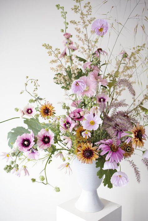 Wild Floral Arrangements, Wild Flower Arrangements, Summer Flower Arrangements, Flowers London, Hollyhocks Flowers, Floral Design Classes, British Flowers, Vase Of Flowers, Flower School