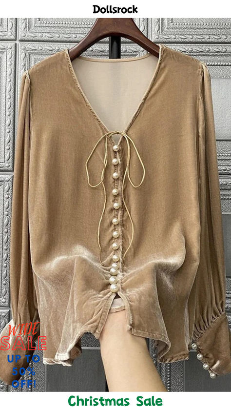 Simple Brown V Neck Pearl Patchwork Silk Velour Top Long Sleeve Shirt Dress Fall, Velour Top, Velour Tops, Velvet Blouses, Winter Shirts, New Chic, Oversized Dress, Comfortable Room, Comfy Tops