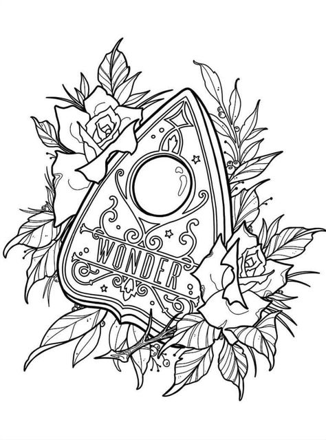 Witchy Coloring Pages Simple, Dark Line Tattoos, Witchcraft Coloring Pages, Grunge Coloring Pages, Gothic Coloring Pages For Adults, Goth Coloring Pages, Witchy Coloring Pages, Planchette Tattoo, Skull Forest