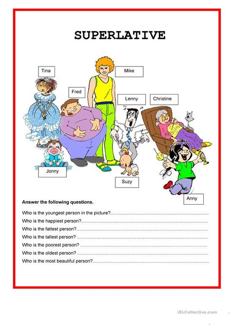 Welcome to English - Adjectives - Comparative and Superlative - English ESL Worksheets for distance learning and physical classrooms Superlative Adjectives Worksheets, Comparative And Superlative Worksheets, Classroom Subject Labels, Superlatives Worksheet, Teaching Narrative Writing, Comparative And Superlative, English Adjectives, Superlative Adjectives, Comparative Adjectives