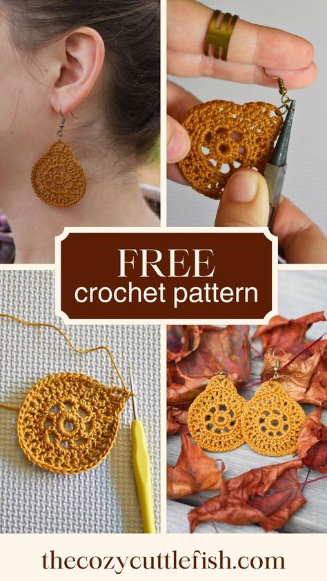 Follow along with this free crochet pattern to make your own pair of Equinox earrings, the perfect Fall accessory. Crochet Boho Earrings Free Pattern, Crochet Earrings Free Pattern Diagram, Granny Square Earrings Free Pattern, Crochet Leaf Earrings Free Pattern, Free Crochet Earrings Patterns, Earring Crochet Pattern Free, Micro Crochet Earrings Pattern Free, Crochet Fall Earrings, Free Crochet Earring Patterns