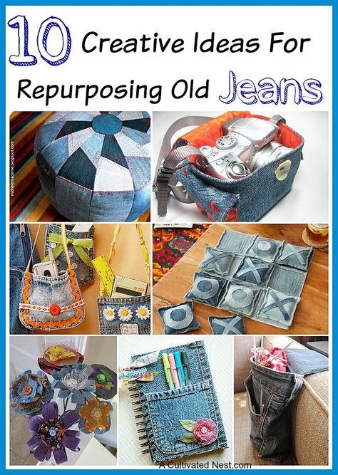 10 Creative Ideas for Repurposing Old Jeans - don't throw out your old jeans. Lots of great ideas for using them to make stuff with! Fabric crafts, easy crafts, upcycle projects, DIY projects Crafts With Old Jeans, Old Jeans Projects, Repurpose Old Jeans, Jeans Crafts, Denim Crafts Diy, Diy Fashion Projects, Make Stuff, Blue Jeans Crafts, Diy Projects For Kids