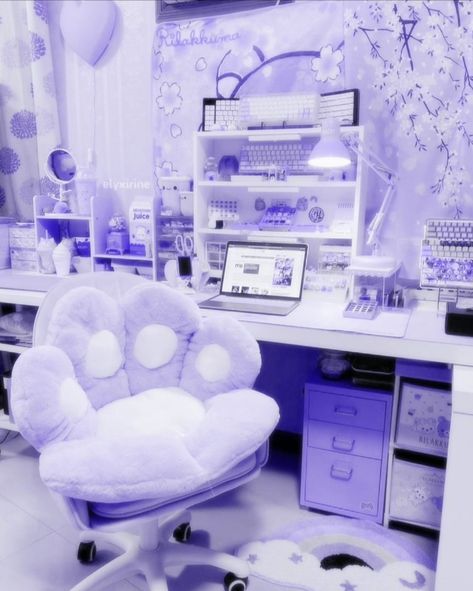 #Soft #Setup #Kawaii #Gamer #Coloring #Blue #Softcore #Kawaiicore #🍡 #🧋 #💙 Kawaii Room Purple, Kawaii Bedroom Purple, Kawaii Gaming Setup Blue, Purple Aesthetic Gaming Setup, Purple Desk Setup Aesthetic, Pastel Purple Gaming Setup, Purple Gamer Room, Lavender Gaming Setup, Purple Kawaii Room