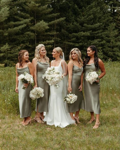 Mismatched Green Bridesmaid Dresses, Moss Green Wedding, Green Satin Bridesmaid Dresses, Olive Bridesmaid Dresses, Olive Green Bridesmaid Dresses, Simple Wedding Veil, Olive Green Weddings, Silk Bridesmaid Dresses, Sage Bridesmaid Dresses