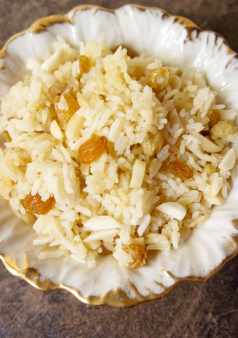 Rice with Almonds and Golden Raisins - A Love Letter To Food Rice With Almonds, Family Gathering Food, Whole Grain Pancakes, Almond Rice, Restaurant Meals, Raisin Recipes, Seared Scallops, Golden Raisins, Truffle Oil