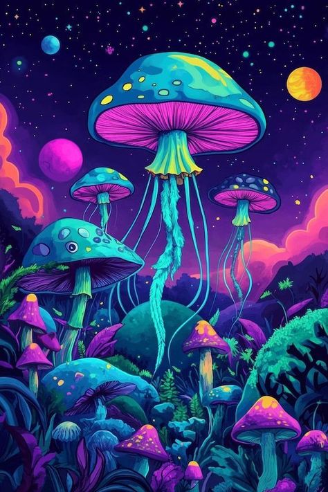 Cosmic Mushroom Wonderland Canvas Print Inspired by Surrealist Artists Colorful Wall Art for Home Decor and Nature Lovers by CustomCanvasCurators 🌌✨ Step into a world of wonder with our 'Cosmic Mushroom Wonderland' canvas print! 🍄🎨 Let the vibrant colors and intricate details transport you to a surreal landscape, where nature meets the cosmos. Perfect for art enthusiasts and nature lovers, this piece will add a touch of whimsy to any room. Elevate your space with a burst of creativity and e... Mushroom Space Art, Trippy Mural, Colorful Mushroom Art, Cosmic Mushroom, Surrealist Landscape, Mushroom Wonderland, Surrealist Artists, Dreamlike Landscape, Magic Mushroom