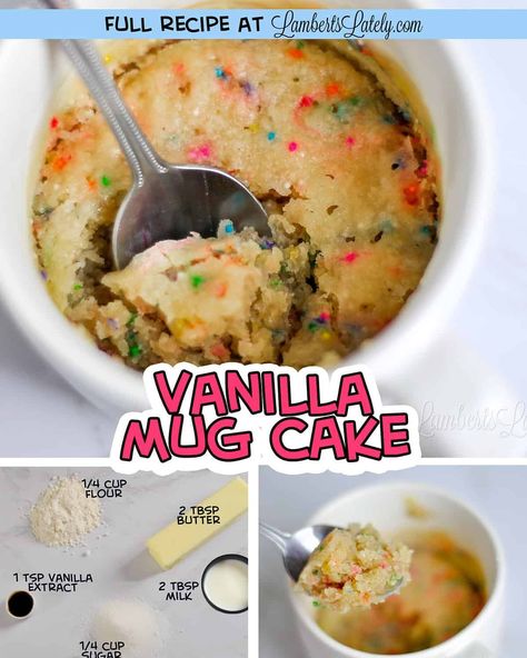 This easy Vanilla Mug Cake is the perfect way to satisfy a sweet tooth. Made with 5 ingredients (and no egg), you can make this in a microwave in about 2 minutes! Easy Sweet Treats Microwave, Cake In A Mug Microwave Recipe, Recipes For Mug Cakes, Mug Cake Recipe Without Baking Powder, 3 Ingredient Microwave Desserts, Microwave Deserts Recipes, Easy Microwave Desserts 2 Ingredients, Easy Mug Cake 3 Ingredient Microwave Recipes, Mug Cake Without Baking Powder