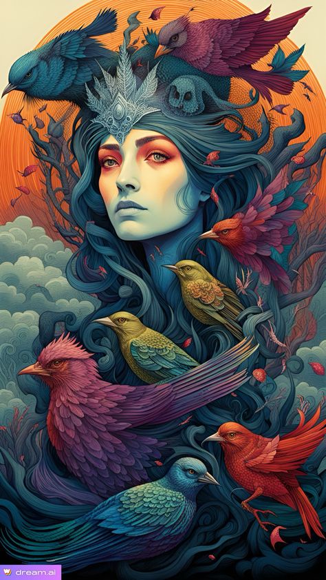 In some Irish myths, Clíodhna is a goddess of love and beauty, and the patron of County Cork.[2] She is said to have three brightly coloured birds who eat apples from an otherworldly tree and whose sweet song heals the sick people.[2] She leaves the otherworldly island of Tír Tairngire ("the land of promise") to be with her mortal lover, Ciabhán, but is taken by a wave[2] as she sleeps due to the music played by a minstrel of Manannan mac Lir in Glandore harbour in County Cork: the tide there is Irish Fantasy Art, Irish Mythology Art, Morrigan Irish Goddess, Ancient Irish Art, Irish Megalithic Art, County Cork, Goddess Of Love, Art Projects, Birds