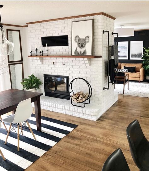 Mid Century•Boho•Scandinavian on Instagram: “Such a lovely space by @katechipinski! 🙌🏼 love the fireplace and that koala print 🐨💙 ~ Follow us for everyday inspo for your home! 💛 . . .…” Kate Chipinski, Scandinavian Fireplace, Gorgeous Fireplaces, Double Sided Fireplace, Fireplace Mantel Decor, Instagram Giveaway, Giveaway Time, Brick Fireplace, A Living Room