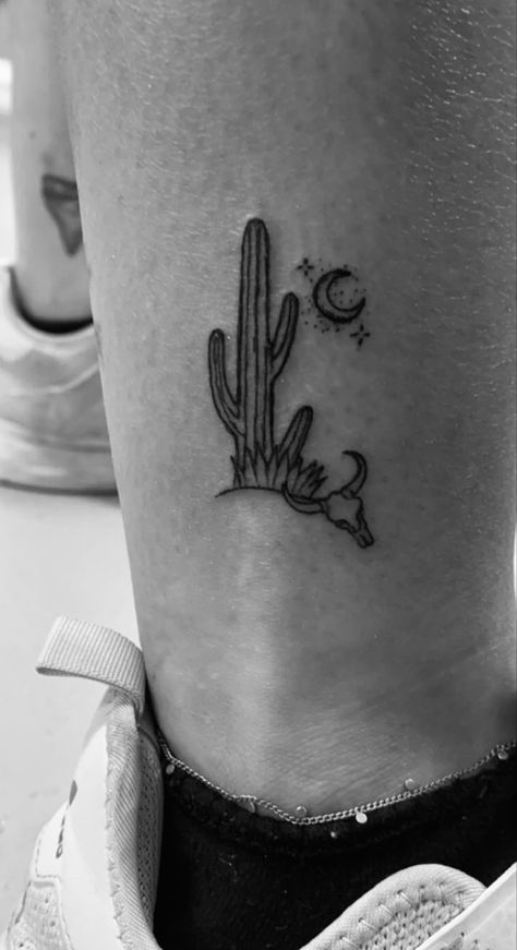 Cactus Arm Tattoos For Women, Cactus With Cowboy Hat Tattoo, Minimal Ankle Tattoo, Fine Line Cactus Tattoo, Small Arizona Tattoo, Cacti Tattoos, Cow Tag Tattoo, Western Arm Tattoos For Women, Traditional Cactus Tattoo