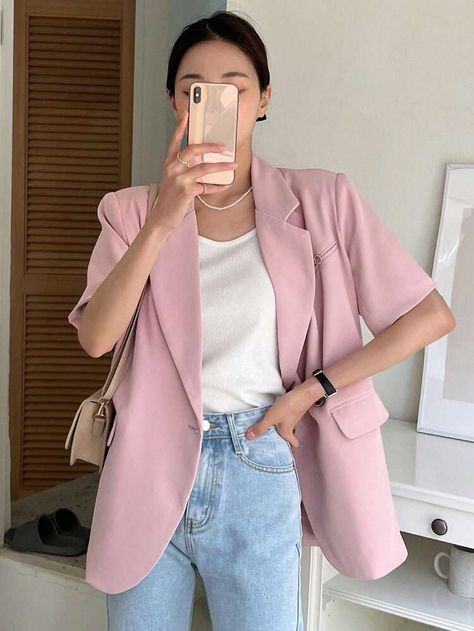 Short Sleeve Blazer Outfit, Blazer Short Sleeve, Women Blazers, Single Button Blazer, Pink Blazer, Collar Top, Blazer Outfits, Blazer Buttons, Office Outfits