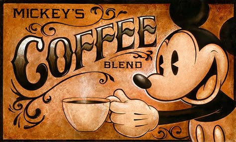 Mickey’s Coffee Blend « darrenwilsonart Vintage Cartoons, Disney Kitchen, Disney Designs, Disney Decor, Retro Wall Decor, Vintage Tin Signs, Disney Home, A Cup Of Coffee, Blended Coffee